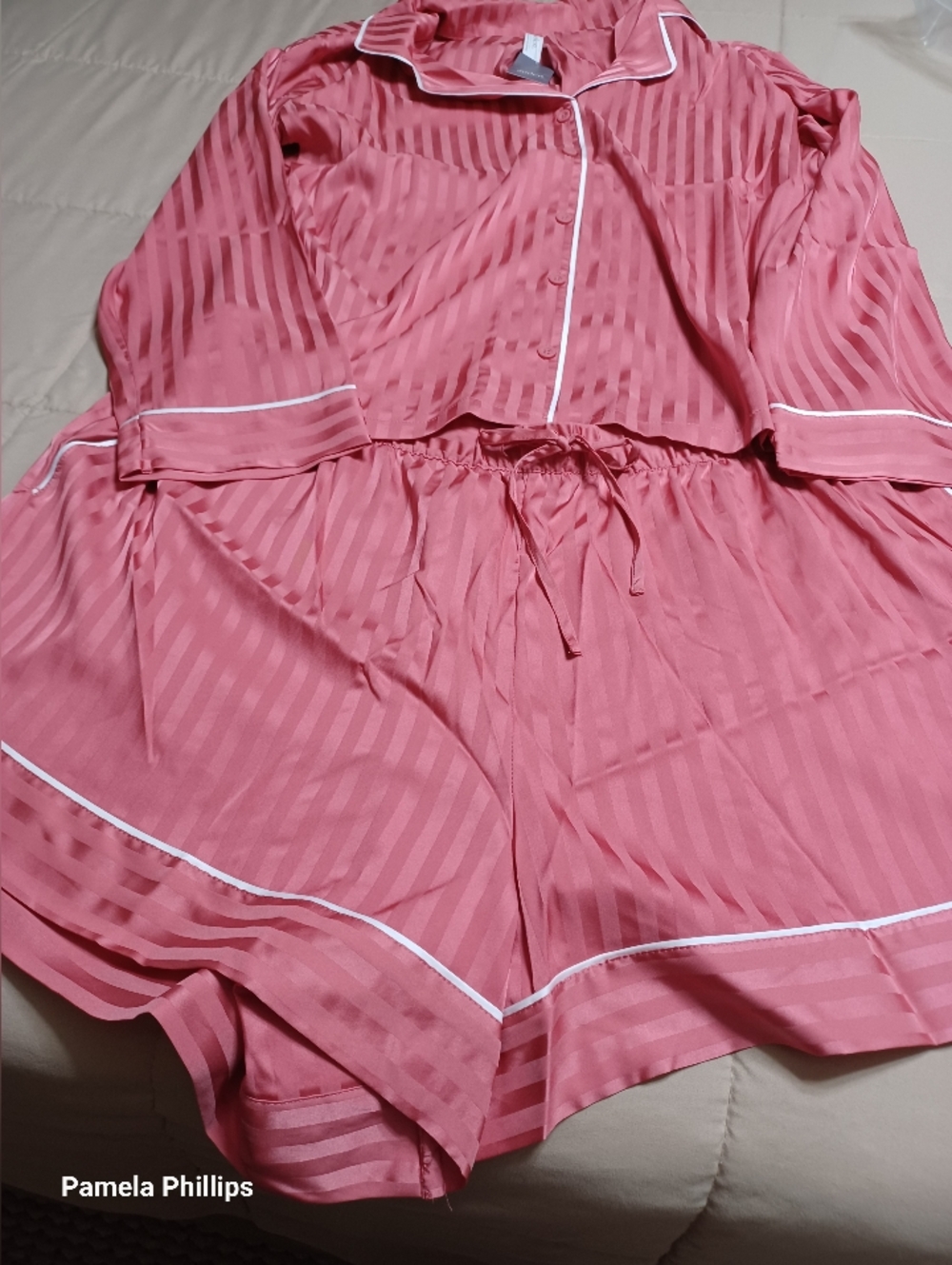 Auden Pink Satin-Stripe Button-Front Pajama Set with White Piping